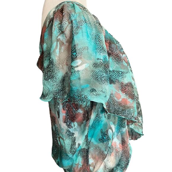 Zac & Rachel teal abstract animal print flowy blouse, sz S, artsy, banded waist - Picture 6 of 10